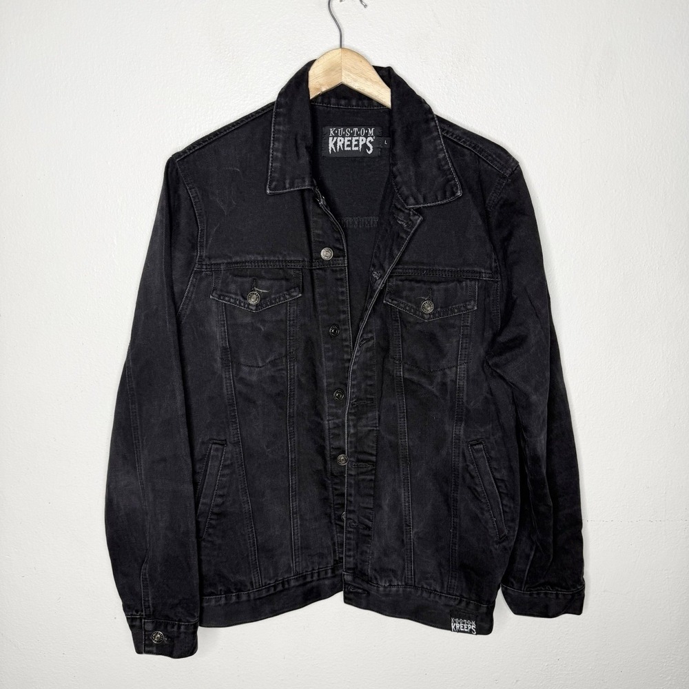 Kustom Kreeps Black Denim Worn In Jacket Grunge Goth Cotton Men's Large
